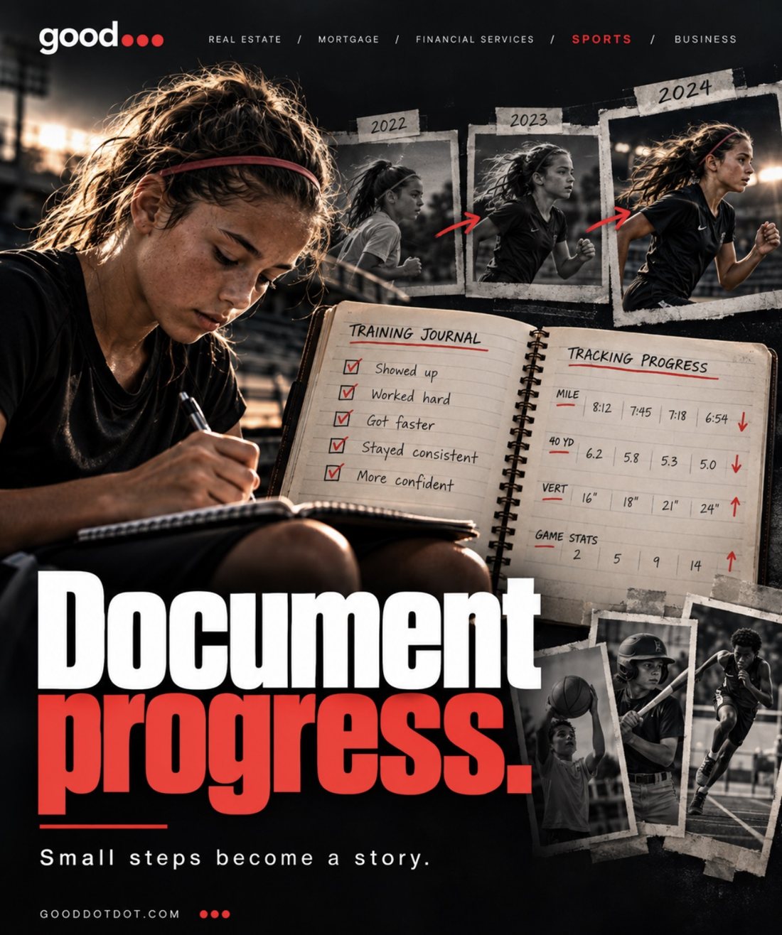 A young athlete writing in a training journal beside seasonal progress photos