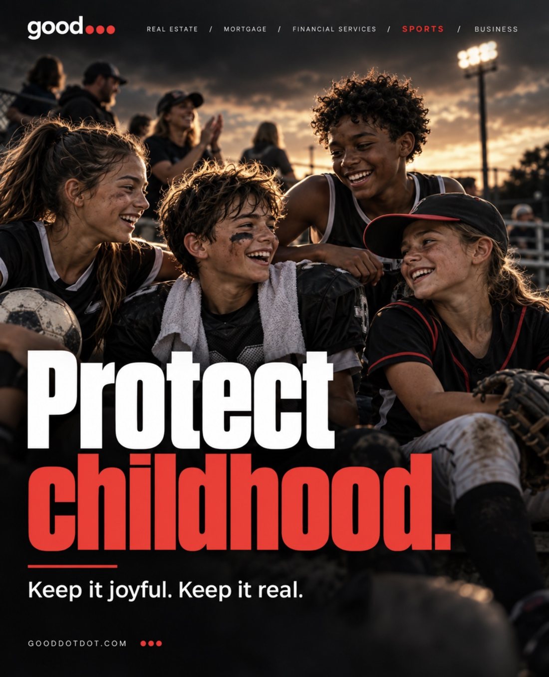 Young athletes laughing together on the bench at sunset