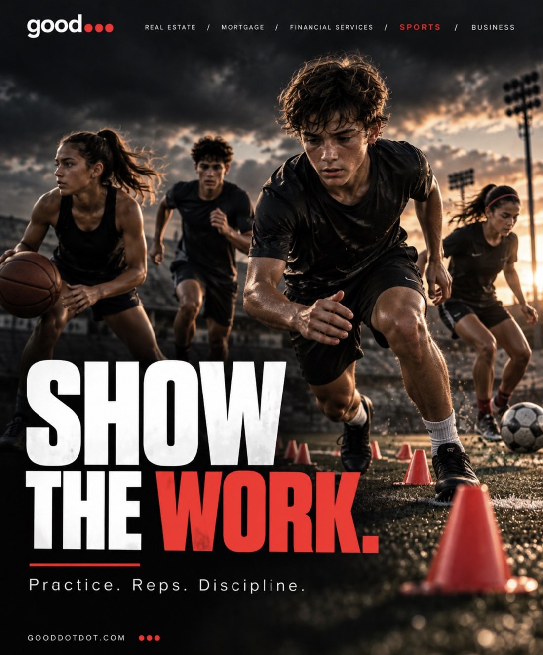 Young athletes running drills on a field at sunset