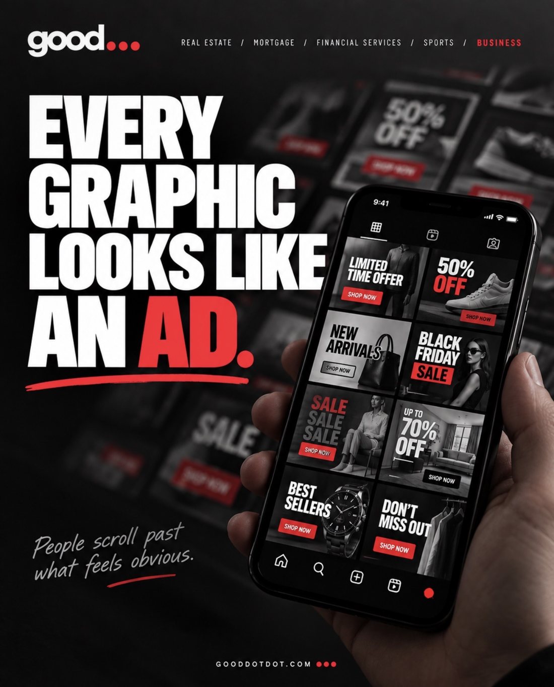 A phone feed full of sale and discount graphics that all look like ads