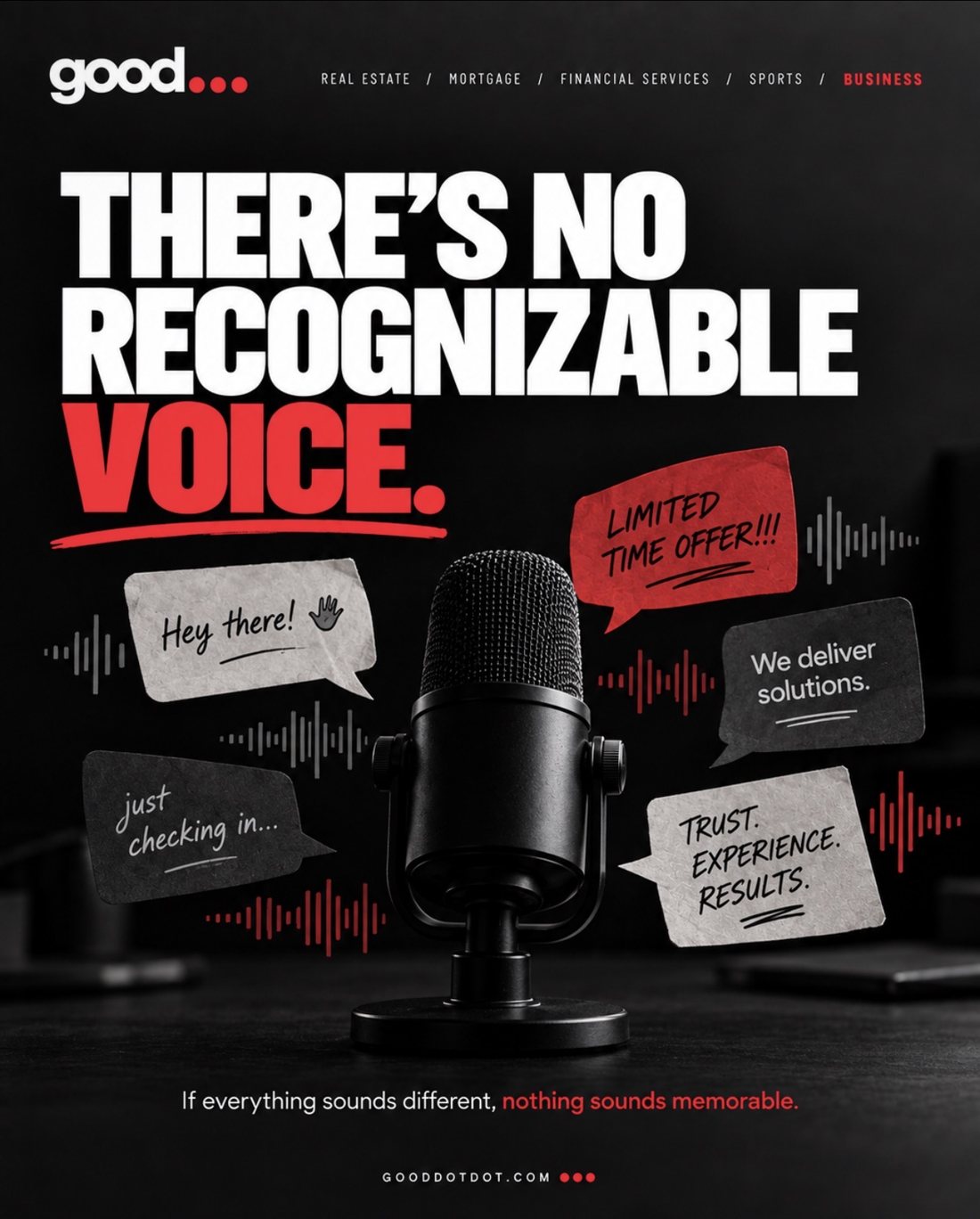 A microphone surrounded by generic marketing phrases in speech bubbles