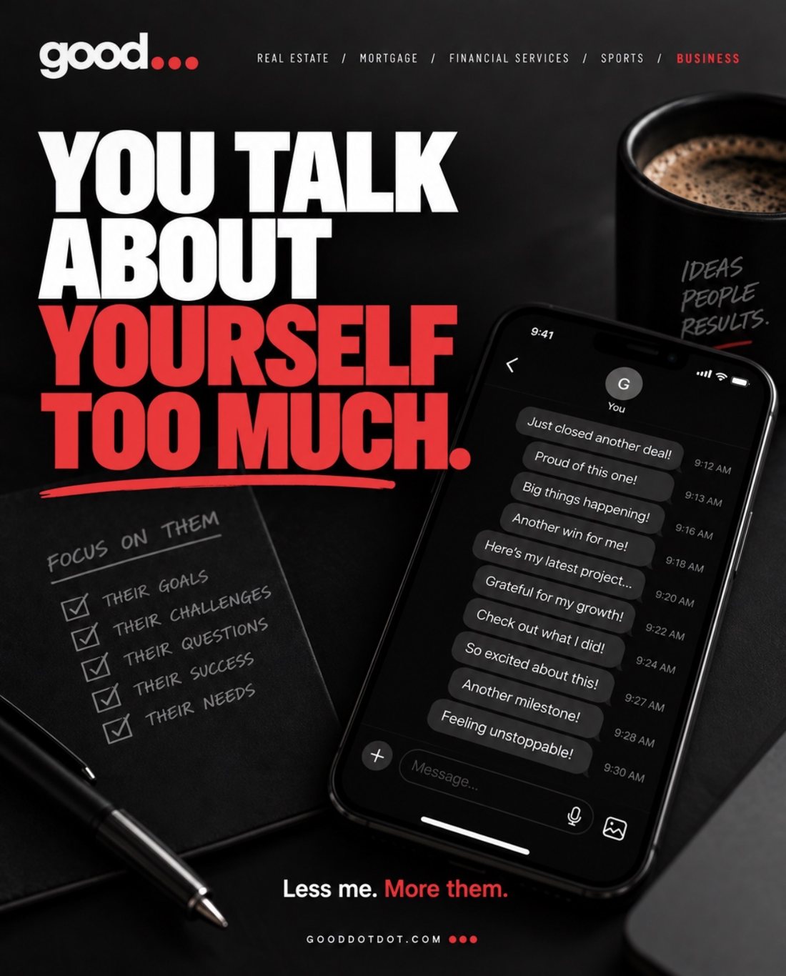 A message thread full of self-promotion beside a checklist titled Focus on them